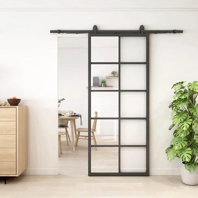 Main image of DIY Glass Sliding Closet Kitchen Door, 36in x 84in Modern French 5-Lite Clear Tempered Glass Aluminum Frame, Easy Assembly