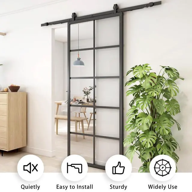 Alt view image 2 of 6 - DIY Glass Sliding Closet Kitchen Door, 36in x 84in Modern French 5-Lite Clear Tempered Glass Aluminum Frame, Easy Assembly