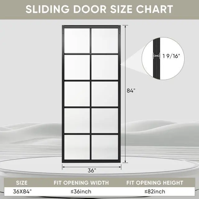 Alt view image 4 of 6 - DIY Glass Sliding Closet Kitchen Door, 36in x 84in Modern French 5-Lite Clear Tempered Glass Aluminum Frame, Easy Assembly