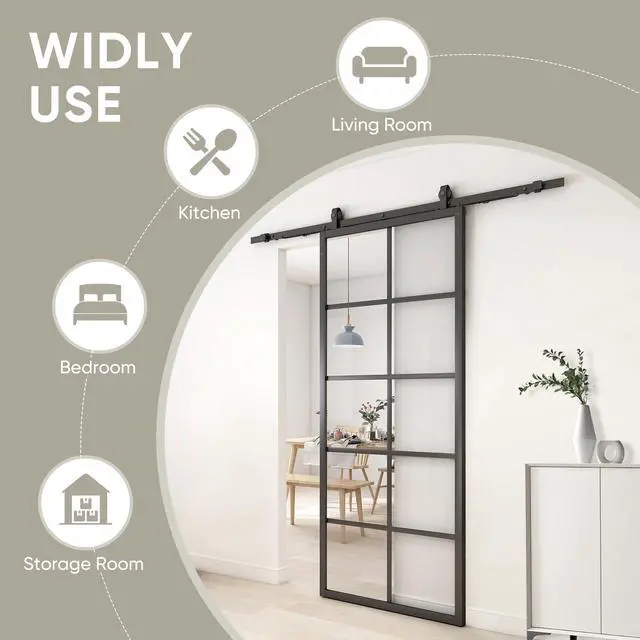 Alt view image 5 of 6 - DIY Glass Sliding Closet Kitchen Door, 36in x 84in Modern French 5-Lite Clear Tempered Glass Aluminum Frame, Easy Assembly