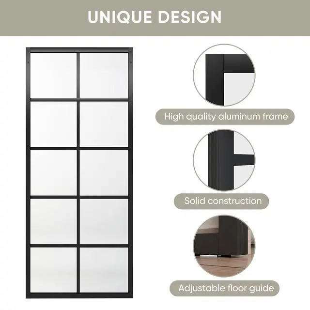 Alt view image 6 of 6 - DIY Glass Sliding Closet Kitchen Door, 36in x 84in Modern French 5-Lite Clear Tempered Glass Aluminum Frame, Easy Assembly