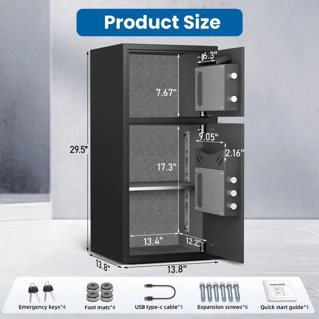 Alt view image 4 of 6 - Large Fingerprint Safe Box Fireproof Waterproof, 6.5 Cu ft 2 Door Safe with LED Light and Dual Alarm System, Home Safes Digital Keypad & Mute Function, Security for Money Document Cash Storage