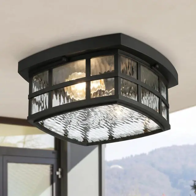 Alt view image 3 of 6 - Stonington Outdoor Flush Mount Ceiling Light, Coastal Armour 12 Inch 2-Light Mystic Black Vintage Close to Ceiling Light Fixture, Decorative Outside Lights for Patio, Porch or Balcony