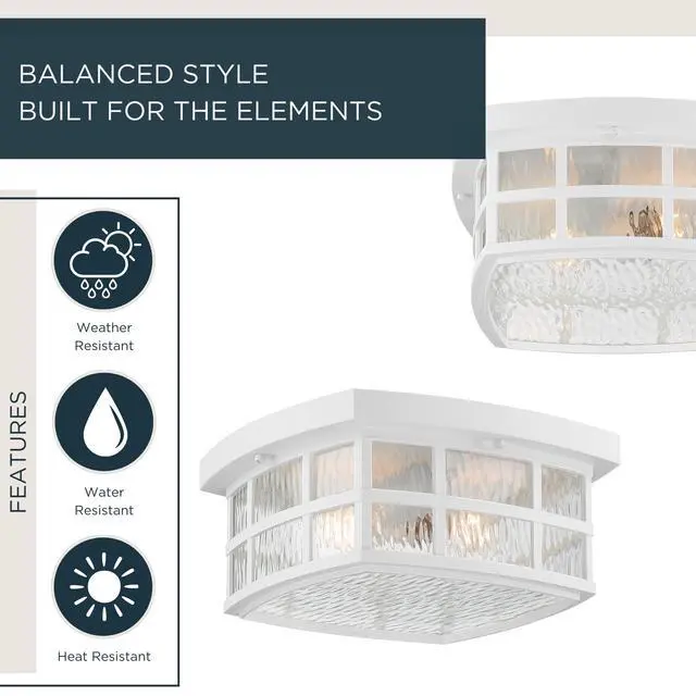 Alt view image 2 of 6 - Stonington 12" Mission-Style Outdoor Flush Mount, 2-Light, Matte White with Water Glass, Coastal Armour Marine Grade