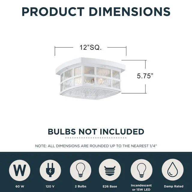 Alt view image 3 of 6 - Stonington 12" Mission-Style Outdoor Flush Mount, 2-Light, Matte White with Water Glass, Coastal Armour Marine Grade