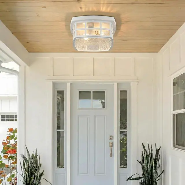 Alt view image 6 of 6 - Stonington 12" Mission-Style Outdoor Flush Mount, 2-Light, Matte White with Water Glass, Coastal Armour Marine Grade