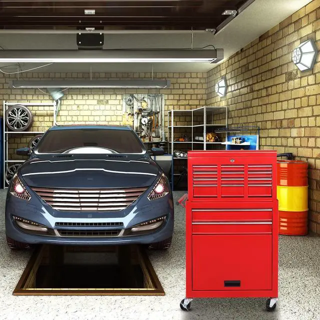 Alt view image 2 of 2 - 8-Drawer Rolling Tool Chest, Tool Storage Cabinet w/Lockable Wheels, Detachable Top, Drawers & Side Hooks, Mechanic Tool Organizer Box for Garage Warehouse Repair Shop