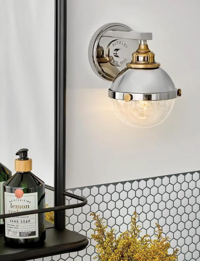 Alt view image 2 of 6 - Fletcher Single Light Vanity Wall Sconce, Vintage Industrial Fixture, Clear Seedy Glass, Bath and Beyond, Polished Nickel and Heritage Brass