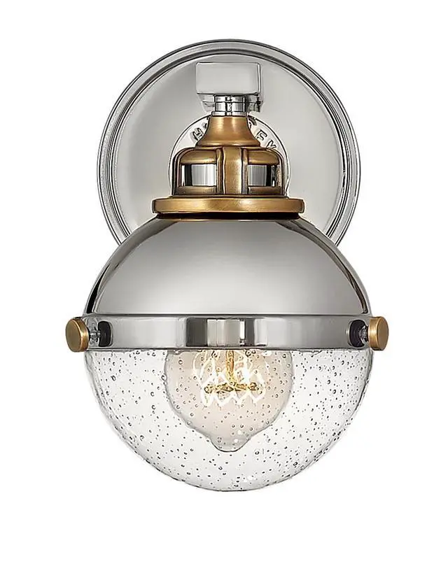 Alt view image 3 of 6 - Fletcher Single Light Vanity Wall Sconce, Vintage Industrial Fixture, Clear Seedy Glass, Bath and Beyond, Polished Nickel and Heritage Brass
