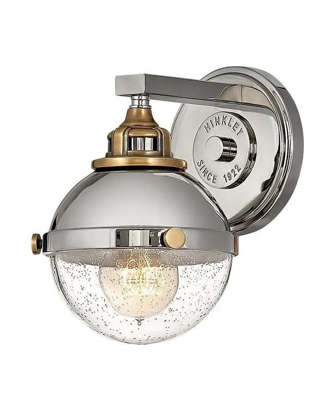 Alt view image 4 of 6 - Fletcher Single Light Vanity Wall Sconce, Vintage Industrial Fixture, Clear Seedy Glass, Bath and Beyond, Polished Nickel and Heritage Brass