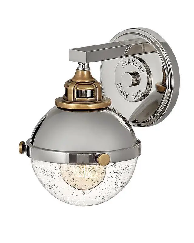 Alt view image 5 of 6 - Fletcher Single Light Vanity Wall Sconce, Vintage Industrial Fixture, Clear Seedy Glass, Bath and Beyond, Polished Nickel and Heritage Brass