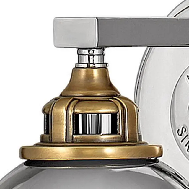 Alt view image 6 of 6 - Fletcher Single Light Vanity Wall Sconce, Vintage Industrial Fixture, Clear Seedy Glass, Bath and Beyond, Polished Nickel and Heritage Brass