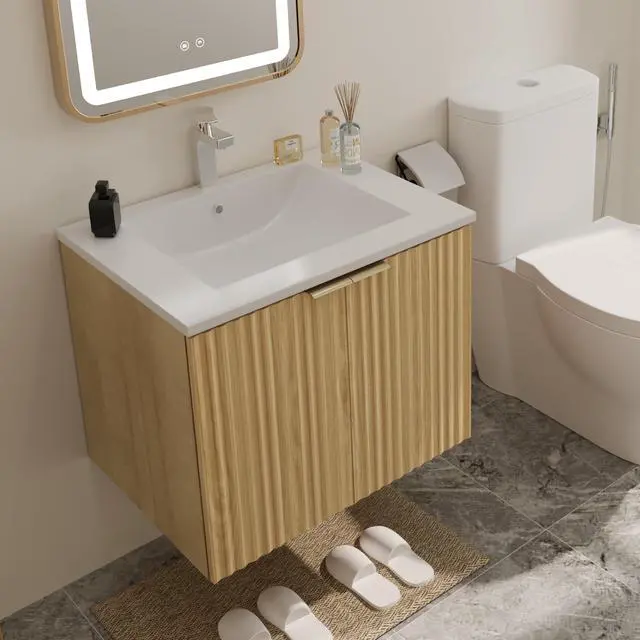 Alt view image 2 of 6 - Modern Bathroom Vanity with Wavy Textured Doors - Wall Mounted Floating Cabinet, Soft-Close Waterproof Storage for Small Bathroom, Easy Install (Nature Without Sink, 24)