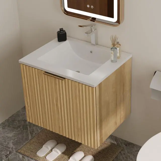 Alt view image 4 of 6 - Modern Bathroom Vanity with Wavy Textured Doors - Wall Mounted Floating Cabinet, Soft-Close Waterproof Storage for Small Bathroom, Easy Install (Nature Without Sink, 24)