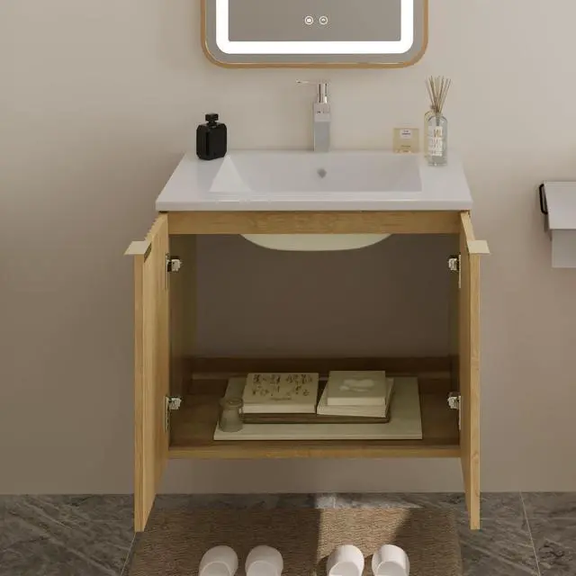 Alt view image 5 of 6 - Modern Bathroom Vanity with Wavy Textured Doors - Wall Mounted Floating Cabinet, Soft-Close Waterproof Storage for Small Bathroom, Easy Install (Nature Without Sink, 24)