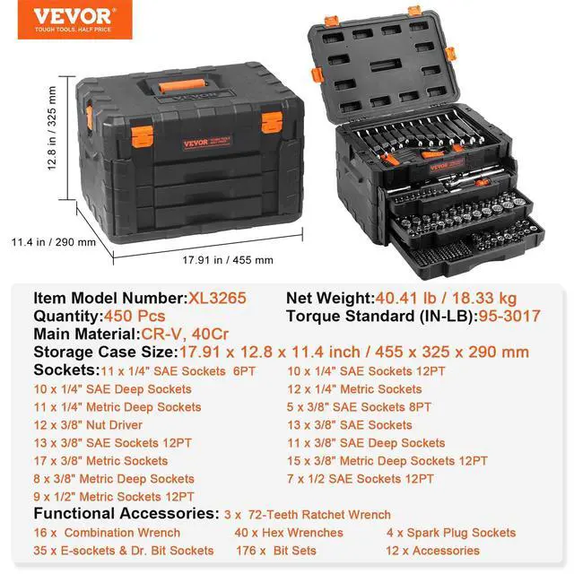 Alt view image 5 of 5 - Mechanics Tool Set and Socket Set, 1/4" 3/8" 1/2" Drive Deep and Standard Sockets, 450 Pcs SAE and Metric Mechanic Tool Kit with Bits, Hex Wrenches, Combination Wrench, Accessories, Storage Case