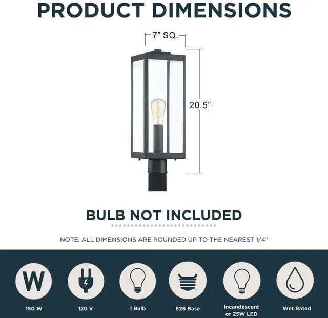 Alt view image 3 of 6 - Westover 21.25" Outdoor Post Lantern, Earth Black | 1-Light, Clear Beveled Glass, E26 Base, ETL Wet Rated