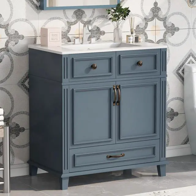 Main image of 30 Inch Bathroom Vanity with Sink and Storage Cabinet, Slate Blue | Modern Single Sink Bath Storage Cabinet with 2 Doors & 1 Drawer, Quick Assembly, Solid Wood Frame, Painted Finish