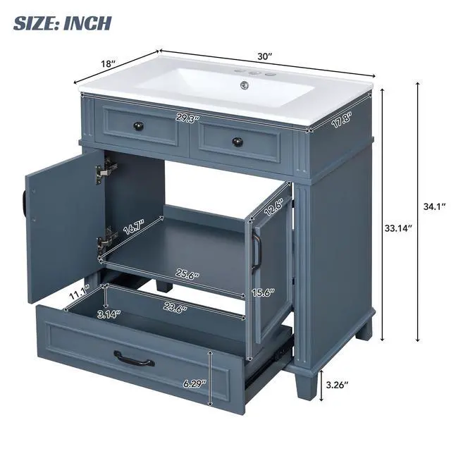 Alt view image 2 of 6 - 30 Inch Bathroom Vanity with Sink and Storage Cabinet, Slate Blue | Modern Single Sink Bath Storage Cabinet with 2 Doors & 1 Drawer, Quick Assembly, Solid Wood Frame, Painted Finish