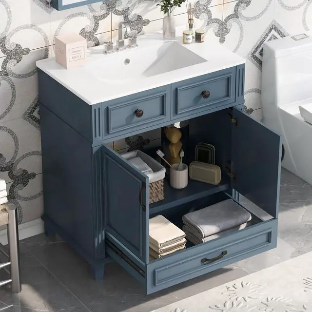 Alt view image 3 of 6 - 30 Inch Bathroom Vanity with Sink and Storage Cabinet, Slate Blue | Modern Single Sink Bath Storage Cabinet with 2 Doors & 1 Drawer, Quick Assembly, Solid Wood Frame, Painted Finish