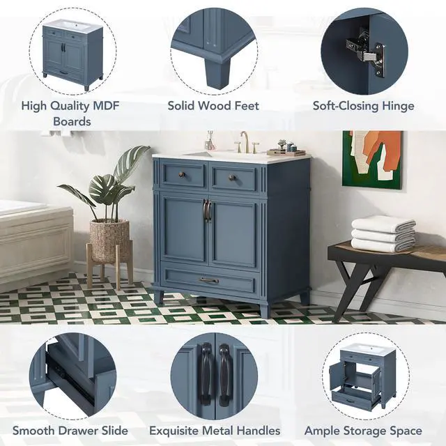 Alt view image 4 of 6 - 30 Inch Bathroom Vanity with Sink and Storage Cabinet, Slate Blue | Modern Single Sink Bath Storage Cabinet with 2 Doors & 1 Drawer, Quick Assembly, Solid Wood Frame, Painted Finish
