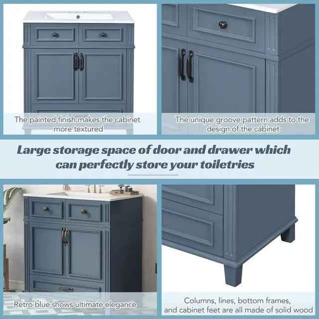 Alt view image 5 of 6 - 30 Inch Bathroom Vanity with Sink and Storage Cabinet, Slate Blue | Modern Single Sink Bath Storage Cabinet with 2 Doors & 1 Drawer, Quick Assembly, Solid Wood Frame, Painted Finish