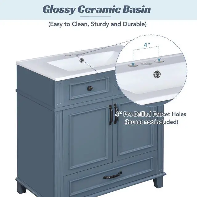Alt view image 6 of 6 - 30 Inch Bathroom Vanity with Sink and Storage Cabinet, Slate Blue | Modern Single Sink Bath Storage Cabinet with 2 Doors & 1 Drawer, Quick Assembly, Solid Wood Frame, Painted Finish