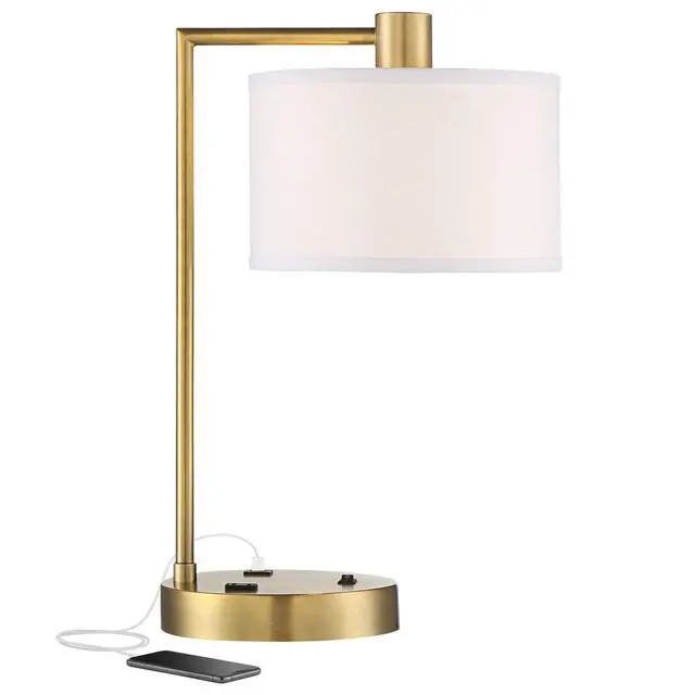 Alt view image 2 of 6 - Colby 21" High Brass Desk Lamp USB Antique Gold Base Modern | USB Ports A+C Charging and AC Power Outlet Bedroom Living Room House Home Bedside Nightstand White Linen Drum Shade