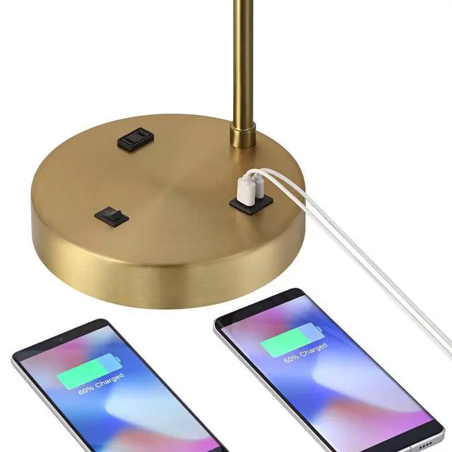 Alt view image 3 of 6 - Colby 21" High Brass Desk Lamp USB Antique Gold Base Modern | USB Ports A+C Charging and AC Power Outlet Bedroom Living Room House Home Bedside Nightstand White Linen Drum Shade