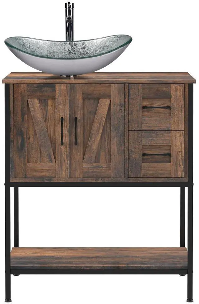Main image of Bathroom Vanity, 30" Farmhouse Bathroom Vanity with Sink Combo Set, Rustic Brown Modern Wood Cabinet with Silver Boat Sink