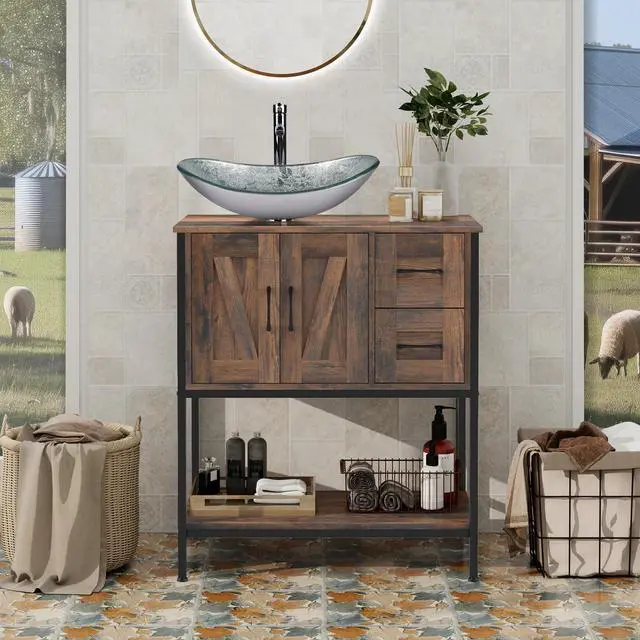 Alt view image 2 of 6 - Bathroom Vanity, 30" Farmhouse Bathroom Vanity with Sink Combo Set, Rustic Brown Modern Wood Cabinet with Silver Boat Sink