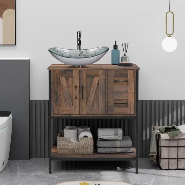 Alt view image 6 of 6 - Bathroom Vanity, 30" Farmhouse Bathroom Vanity with Sink Combo Set, Rustic Brown Modern Wood Cabinet with Silver Boat Sink