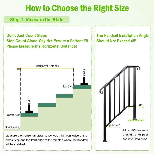 Alt view image 4 of 6 - 2 Pack 2 Step Handrails for Outdoor Steps, Wrought Iron Stair Railing Fits 1 or 2 Steps, Metal Hand Railing with Installation Kit, Staircase Handrails for Concrete, Porch, Deck, Exterior Steps, Black