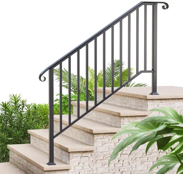 Main image of 5 Step Handrails for Outdoor Steps, Wrought Iron Stair Railing Fits 4 or 5 Steps, Metal Hand Railing with Installation Kit, Staircase Handrails for Concrete, Porch, Deck, Exterior Steps, Black