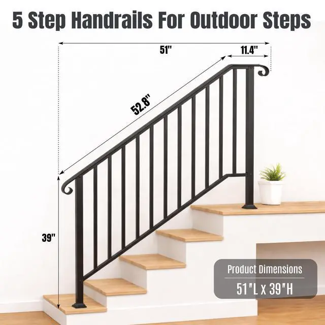 Alt view image 2 of 6 - 5 Step Handrails for Outdoor Steps, Wrought Iron Stair Railing Fits 4 or 5 Steps, Metal Hand Railing with Installation Kit, Staircase Handrails for Concrete, Porch, Deck, Exterior Steps, Black