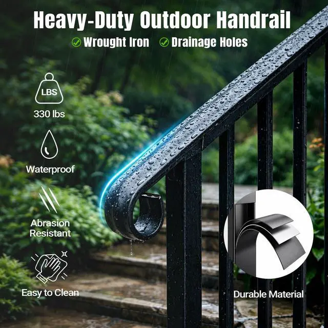 Alt view image 3 of 6 - 5 Step Handrails for Outdoor Steps, Wrought Iron Stair Railing Fits 4 or 5 Steps, Metal Hand Railing with Installation Kit, Staircase Handrails for Concrete, Porch, Deck, Exterior Steps, Black
