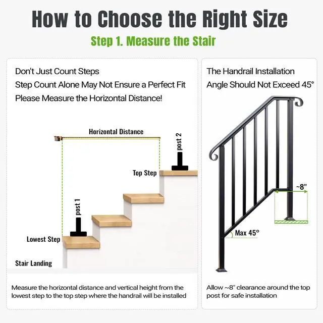 Alt view image 5 of 6 - 5 Step Handrails for Outdoor Steps, Wrought Iron Stair Railing Fits 4 or 5 Steps, Metal Hand Railing with Installation Kit, Staircase Handrails for Concrete, Porch, Deck, Exterior Steps, Black