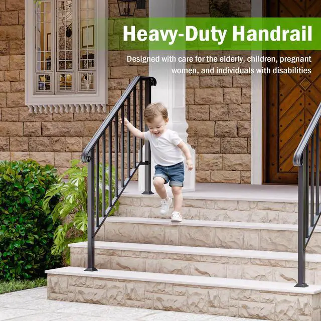 Alt view image 6 of 6 - 4 Step Handrails for Outdoor Steps, Wrought Iron Stair Railing Fits 3 or 4 Steps, Metal Hand Railing with Installation Kit, Staircase Handrails for Concrete, Porch, Deck, Exterior Steps, Black