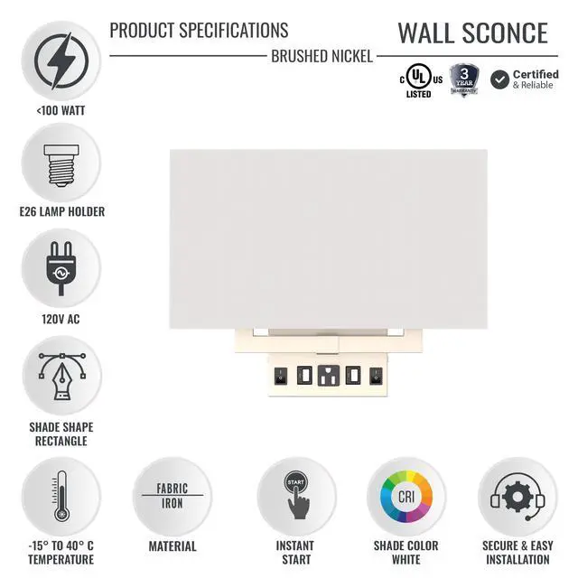 Alt view image 2 of 6 - Wall Sconces Set of two Modern Bathroom Light Fixtures with Outlet Indoor Bedside Wall Lamps Set with USB Ports and Outlet, E26 Base, 120V, Brushed Nickel Finish, Iron Body, White Fabric Shade