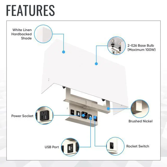 Alt view image 3 of 6 - Wall Sconces Set of two Modern Bathroom Light Fixtures with Outlet Indoor Bedside Wall Lamps Set with USB Ports and Outlet, E26 Base, 120V, Brushed Nickel Finish, Iron Body, White Fabric Shade