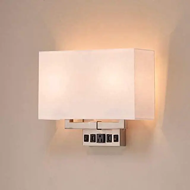 Alt view image 5 of 6 - Wall Sconces Set of two Modern Bathroom Light Fixtures with Outlet Indoor Bedside Wall Lamps Set with USB Ports and Outlet, E26 Base, 120V, Brushed Nickel Finish, Iron Body, White Fabric Shade