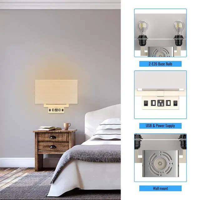 Alt view image 6 of 6 - Wall Sconces Set of two Modern Bathroom Light Fixtures with Outlet Indoor Bedside Wall Lamps Set with USB Ports and Outlet, E26 Base, 120V, Brushed Nickel Finish, Iron Body, White Fabric Shade