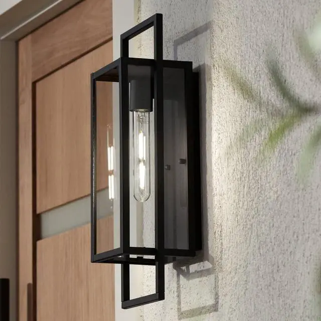 Main image of Jericho 19" High Black Modern Industrial Outdoor Wall Light Fixture | Textured Metal Clear Glass Panel for Exterior House Porch Patio Outside Deck Garage Yard Front Door Garden Home