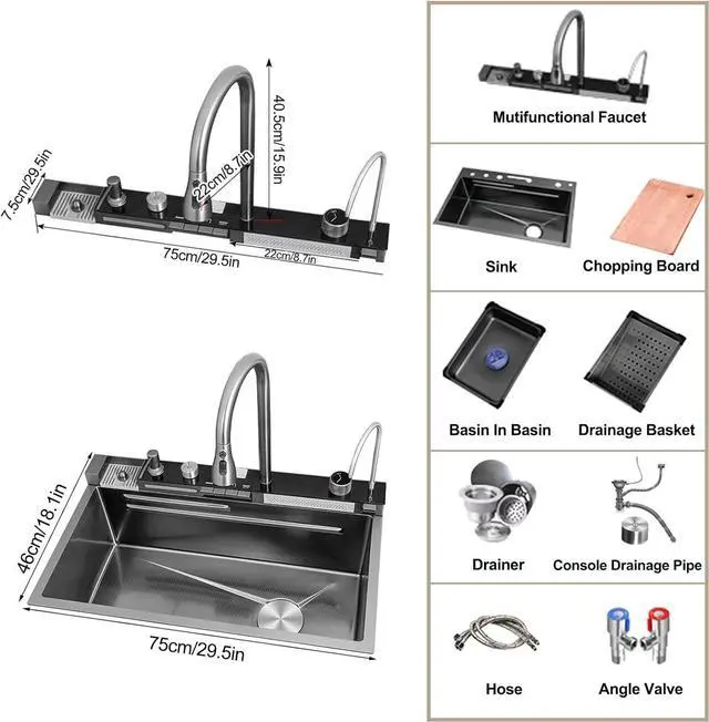 Alt view image 2 of 6 - Digital Display Embossed Stainless Steel Nano Black Raindance Waterfall Drop In Sink with Pressurized Cup Washer and Two Waterfalls 29.5x18 INCH