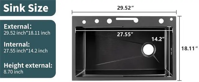 Alt view image 3 of 6 - Digital Display Embossed Stainless Steel Nano Black Raindance Waterfall Drop In Sink with Pressurized Cup Washer and Two Waterfalls 29.5x18 INCH