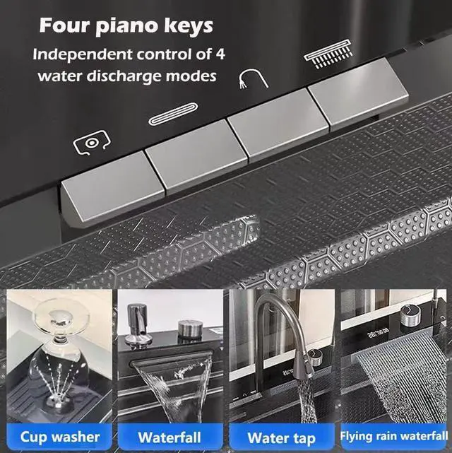 Alt view image 4 of 6 - Digital Display Embossed Stainless Steel Nano Black Raindance Waterfall Drop In Sink with Pressurized Cup Washer and Two Waterfalls 29.5x18 INCH