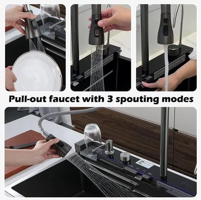 Alt view image 5 of 6 - Digital Display Embossed Stainless Steel Nano Black Raindance Waterfall Drop In Sink with Pressurized Cup Washer and Two Waterfalls 29.5x18 INCH