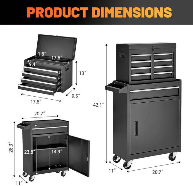 Alt view image 2 of 6 - 5 Drawers Tool Cart on Wheels with 1 Cabinet, Multifunctional Removable Rolling Tools Chest Storage Set, Tool Trolley Organizer Tools Box for Garage,Warehouse,Repair Shop,Workshop (Black)