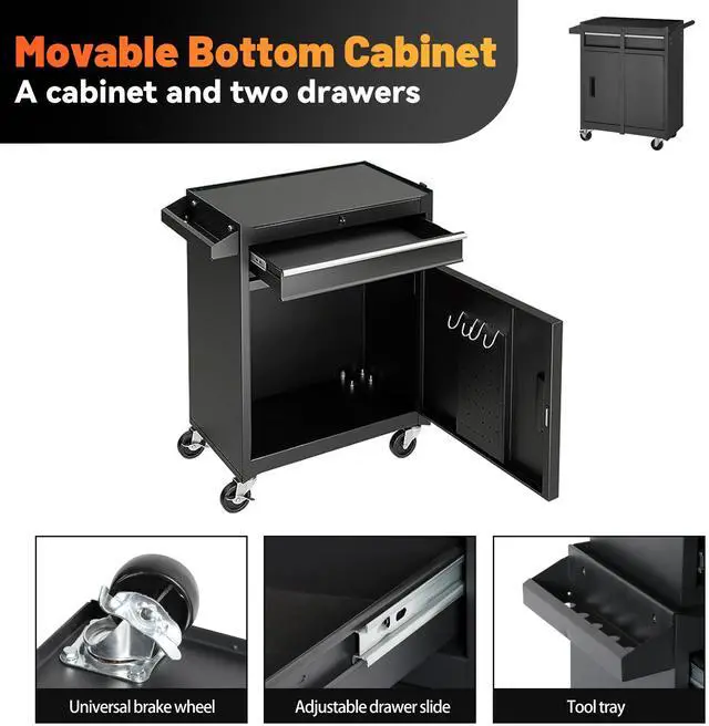Alt view image 3 of 6 - 5 Drawers Tool Cart on Wheels with 1 Cabinet, Multifunctional Removable Rolling Tools Chest Storage Set, Tool Trolley Organizer Tools Box for Garage,Warehouse,Repair Shop,Workshop (Black)