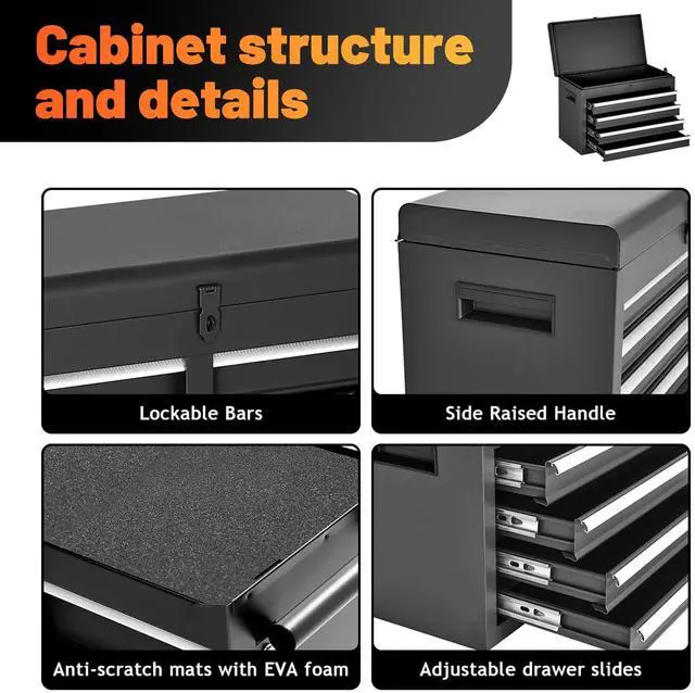 Alt view image 4 of 6 - 5 Drawers Tool Cart on Wheels with 1 Cabinet, Multifunctional Removable Rolling Tools Chest Storage Set, Tool Trolley Organizer Tools Box for Garage,Warehouse,Repair Shop,Workshop (Black)